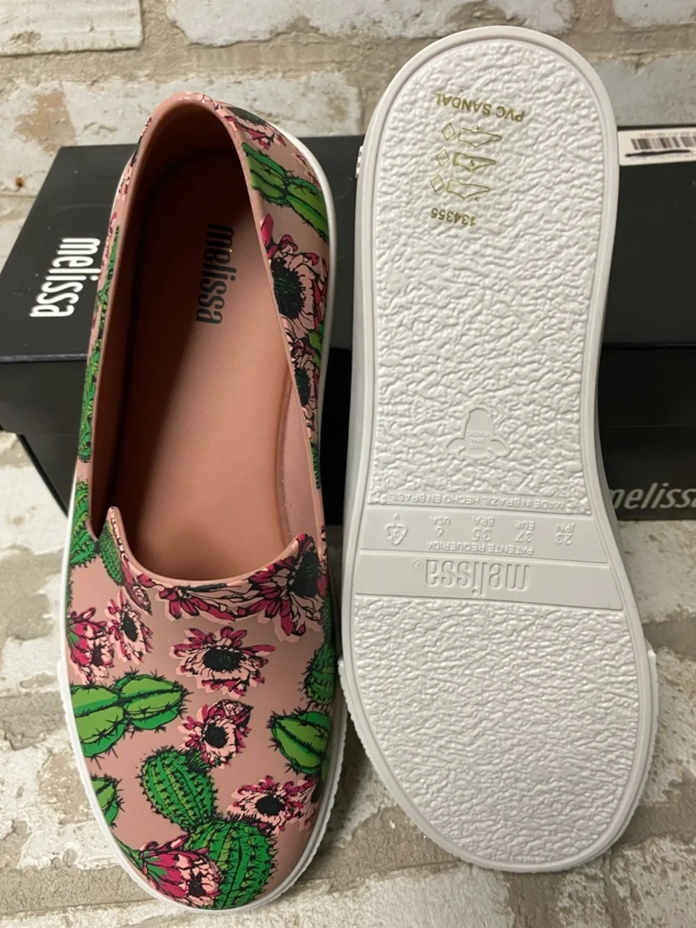 Melissa Pink Slip-On Flats with Green Cactus Print - Picture 2 of 4